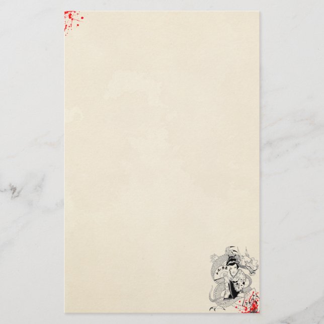 Papelería geisha con manchas de sangre con un tatuaje de hin (Anverso)