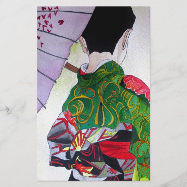 Papelería Geisha japonesa con kimono y paraguas (Anverso)