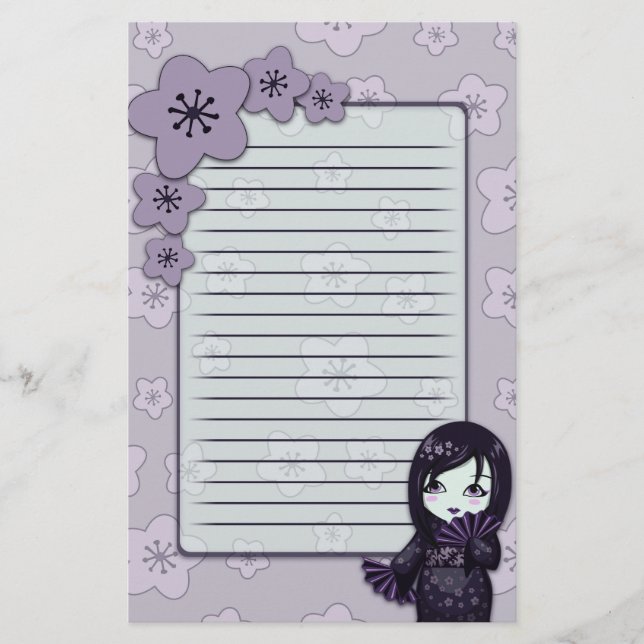 Papelería Geisha lindo negro y flores de cerezo púrpuras (Anverso)