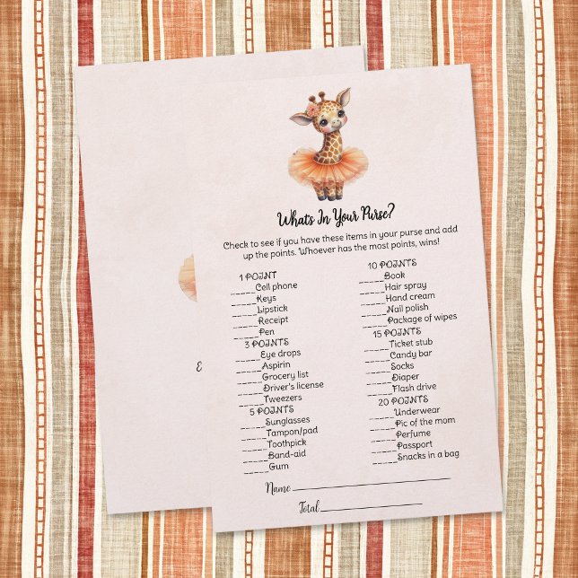 Papelería Giraffe What's In Your Purse Baby Shower Game Card (Subido por el creador)