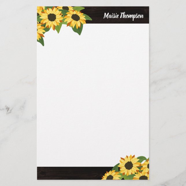 Papelería Girasol rústico y madera con tu nombre (Anverso)