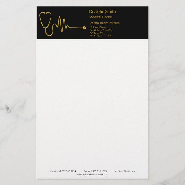 Papelería Gold Luxury Stethoscope ECG Wave EKG Line Medical (Anverso)