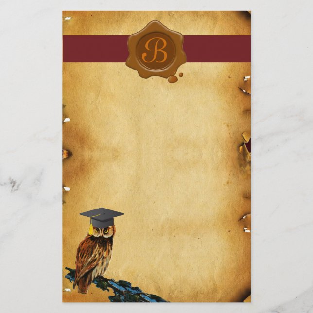 PAPELERÍA GRADUACIÓN OWL PARCHMENT BROWN WAX SEAL MONOGRAM (Anverso)
