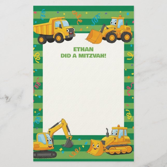 Papelería Green Construction Trucks Custom Name Mitzvah Note (Anverso)