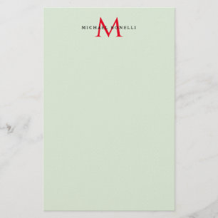 Papelería Gris verdoso y rojo Monograma Modernista minimalis