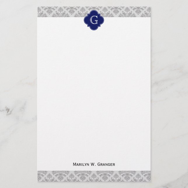 Papelería Gris vintage sobre Damasco gris #3 Monograma (Anverso)