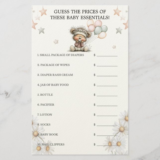 Papelería Guess the Price Whimsical Teddy Bear Baby Shower  (Anverso)