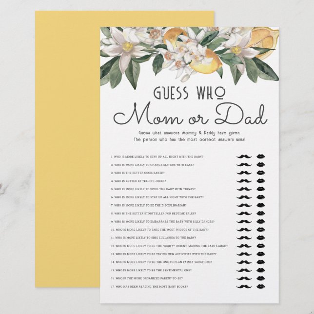 Papelería Guess Who Mom Or Dad Lemon Citrus Baby Shower (Anverso / Reverso)