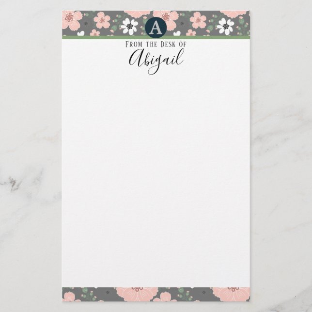 Papelería Guión de aliento de monograma floral rosa de bonit (Anverso)