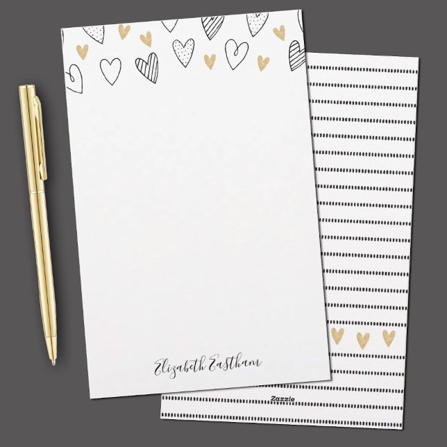 Papelería Guión femenino del corazón del oro negro giratorio (Elegant gold and black hearts and stripes stationery paper. Personalize it with your name.)