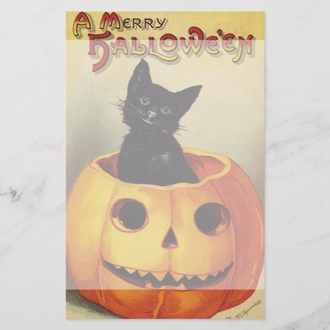 Papelería Halloween con moras de Ellen Clapsaddle, gato vint (Anverso)