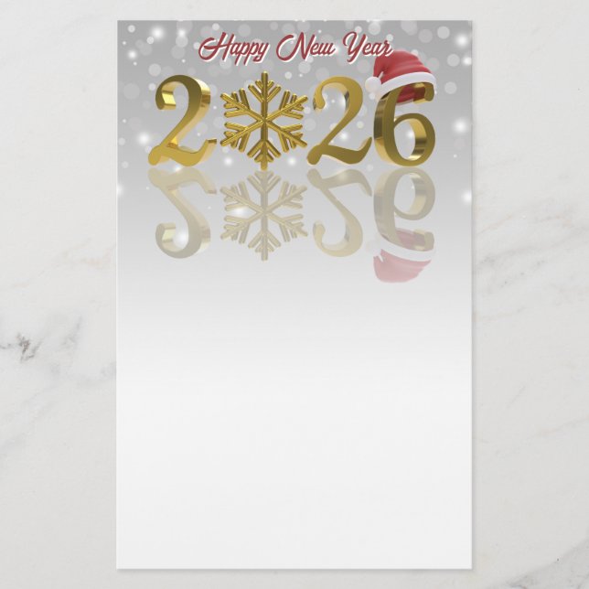 Papelería Happy New Year Gold 2026 | Santa Hat and Snowflake (Anverso)