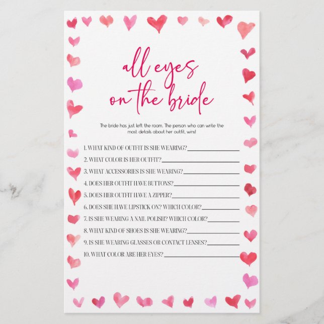 Papelería Hearts All Eyes On The Bride Bridal Shower Game  (Anverso)