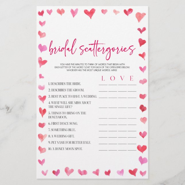 Papelería Hearts Bridal Scattergories Bridal Shower Game  (Anverso)