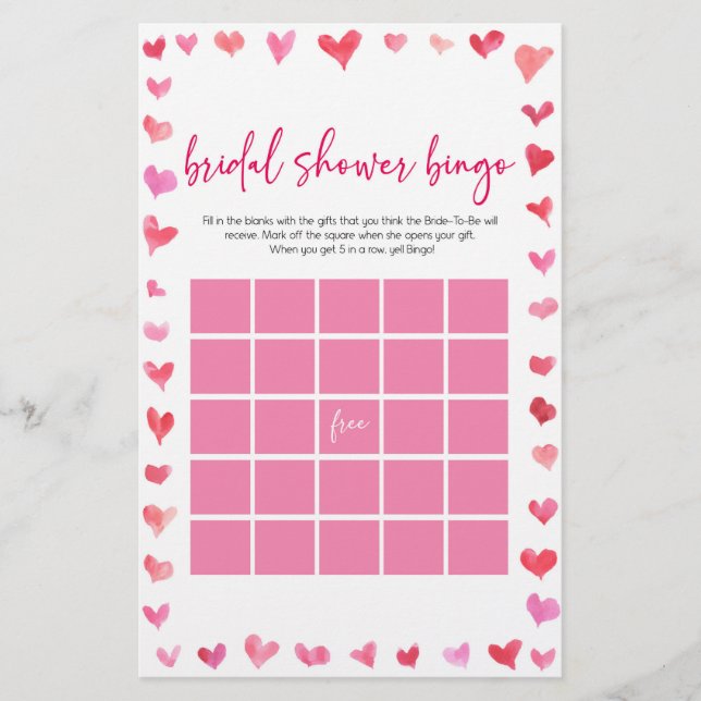 Papelería Hearts Bridal Shower Bingo Bridal Shower Game  (Anverso)