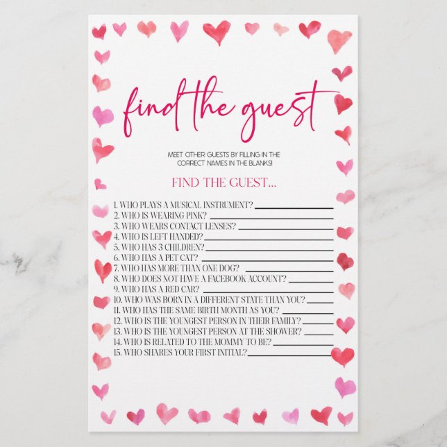 Papelería Hearts Find The Guest Bridal Shower Game  (Anverso)