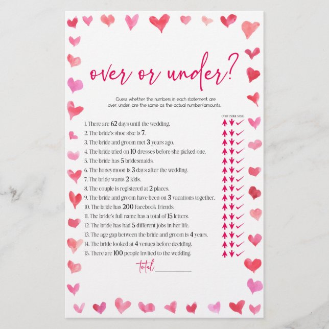 Papelería Hearts Over or Under Bridal Shower Game  (Anverso)