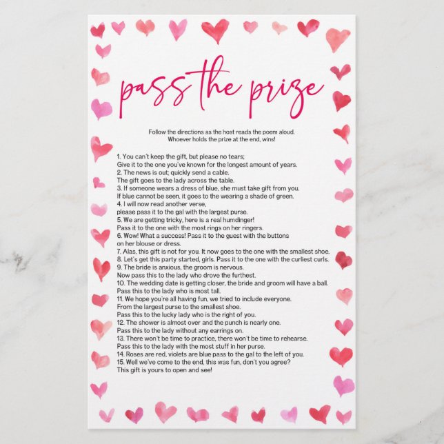 Papelería Hearts Pass The Prize Bridal Shower Game  (Anverso)