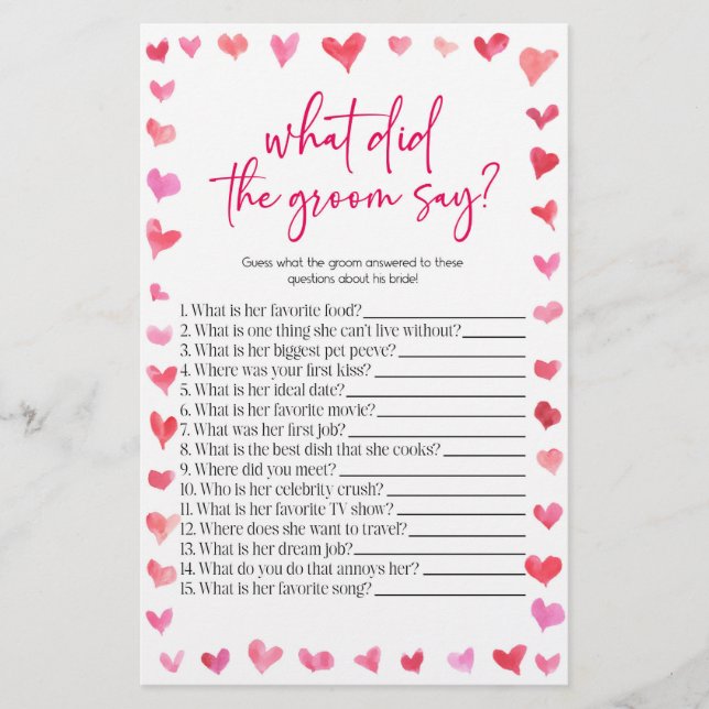 Papelería Hearts What Did The Groom Say? Bridal Shower Game  (Anverso)