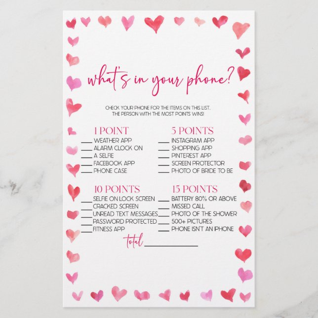 Papelería Hearts What's In Your Phone? Bridal Shower Game  (Anverso)