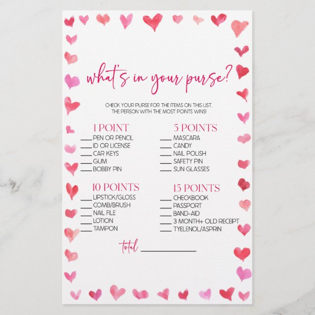 Papelería Hearts What's In Your Purse? Bridal Shower Game  (Anverso)