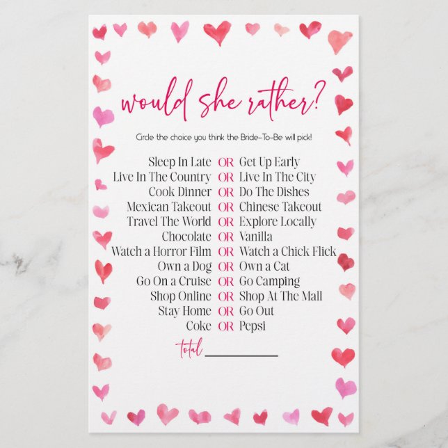 Papelería Hearts Would She Rather? Bridal Shower Game  (Anverso)