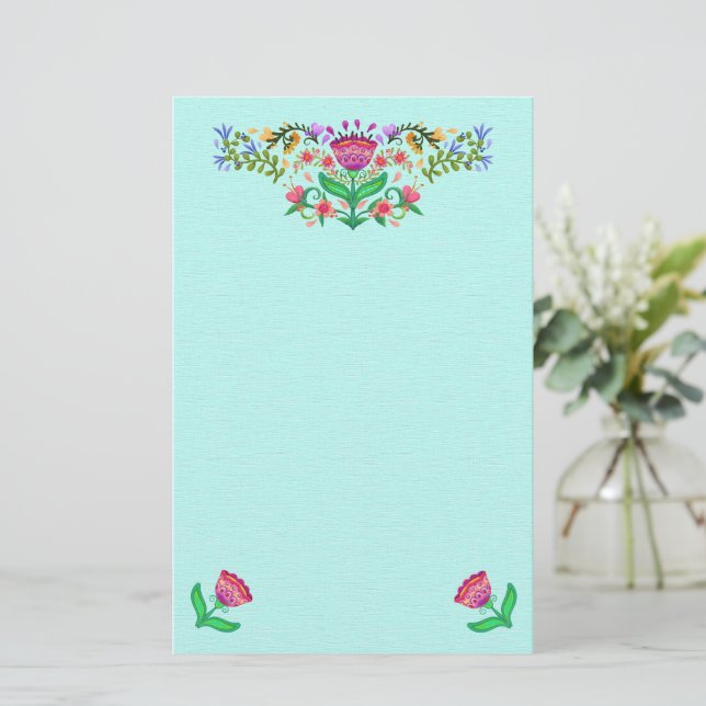 Papelería Hermosas flores estilo boho rosado en Aqua (Anverso de pie)