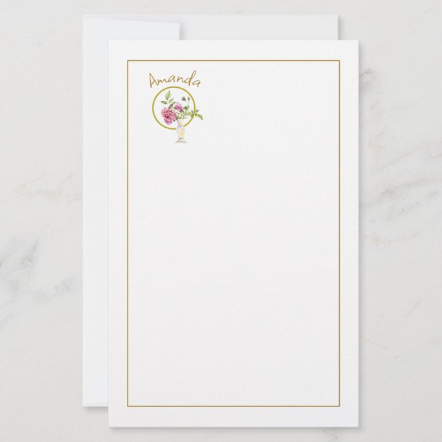 Papelería Hermosas Rosas Rosa Con Vase Y Marco Dorado (Anverso)