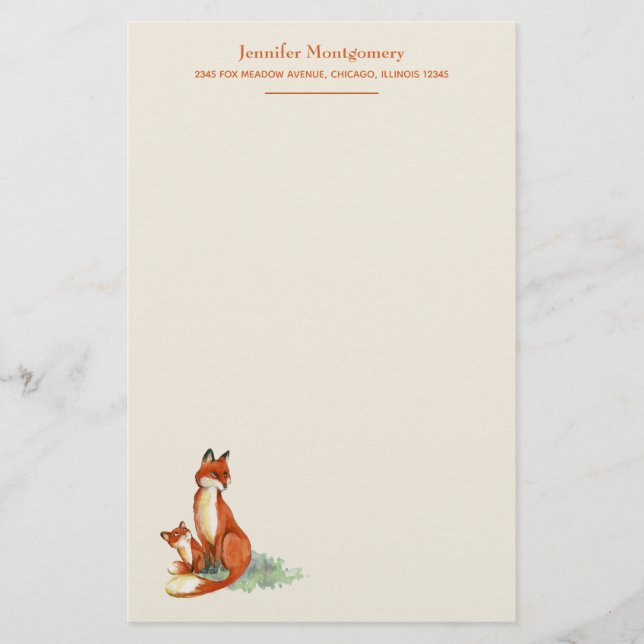 Papelería Ilustracion de acuarela Fox y Baby Personalizado (Anverso)