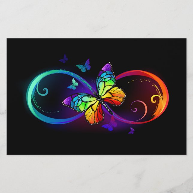 Papelería Infinito vibrante con mariposa arco iris sobre neg (Anverso)