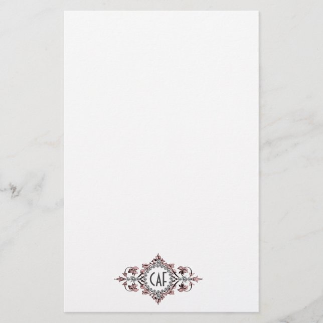 Papelería Iniciales de Monograma Rosa Gris Floreado Ornate  (Anverso)