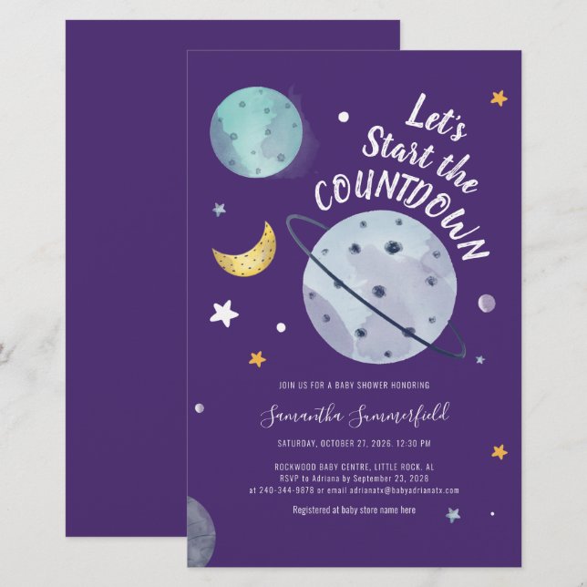 Papelería Invitación a Baby Shower en el espacio ultraterres (Anverso / Reverso)