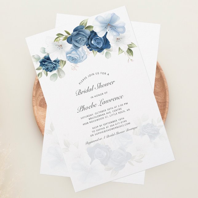 Papelería Invitación a ducha de novia con flores azules de p (Elegant Dusty Blue Floral Bridal Shower Invitation Stationery)