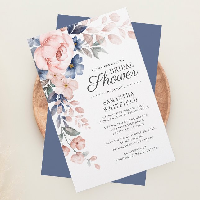 Papelería Invitación a ducha de novia con flores azules de p (Blush Pink Floral Script Bridal Shower Invitation Stationery)