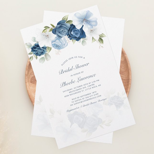 Papelería Invitación a ducha de novia con flores azules de p (Dusty Blue Floral Botanical Bridal Shower Invitation Stationery)