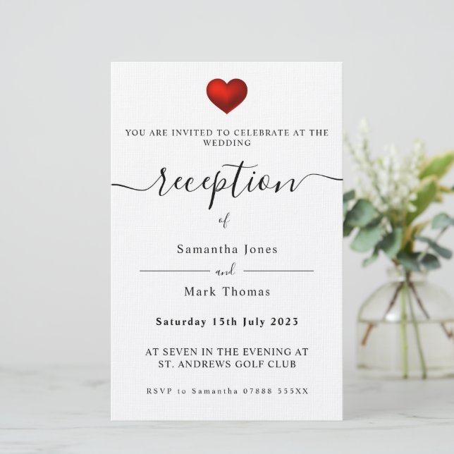 Papelería Invitación a la recepción del Sencillo Corazón Roj (Anverso de pie)