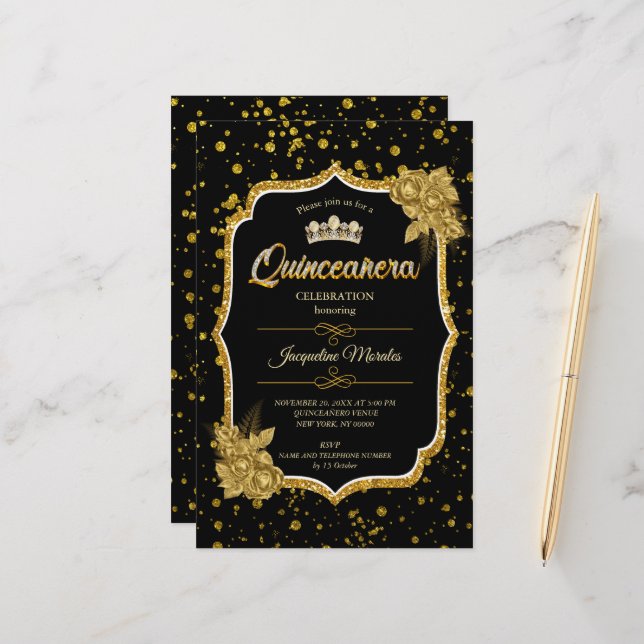Papelería Invitación de cumpleaños de Black Gold y White Qui (Anverso/Reverso In Situ)