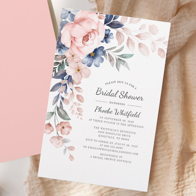 Papelería Invitación floral rosa con ducha de novia presupue (Pink Floral Script Bridal Shower Invitation Stationery)