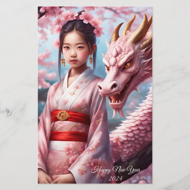 Papelería Jahr des Drachen 2024 - Mädchen zwischen Kirschblü (Anverso)