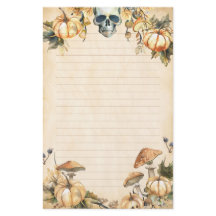 Jardín otoñal con cráneo y calabazas puestas