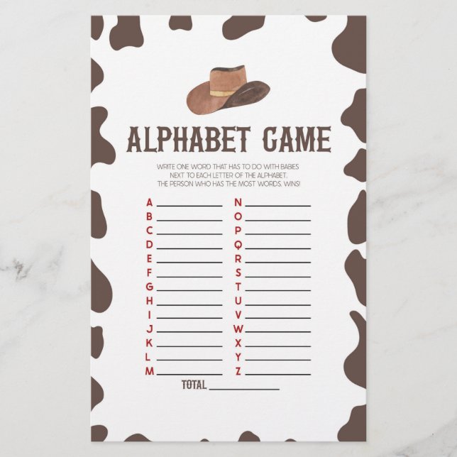 Papelería Juego de Baby Shower Cowboy Rodeo Western Alphabet (Anverso)