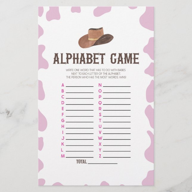 Papelería Juego de Baby Shower Cowgirl Rodeo Western Alphabe (Anverso)