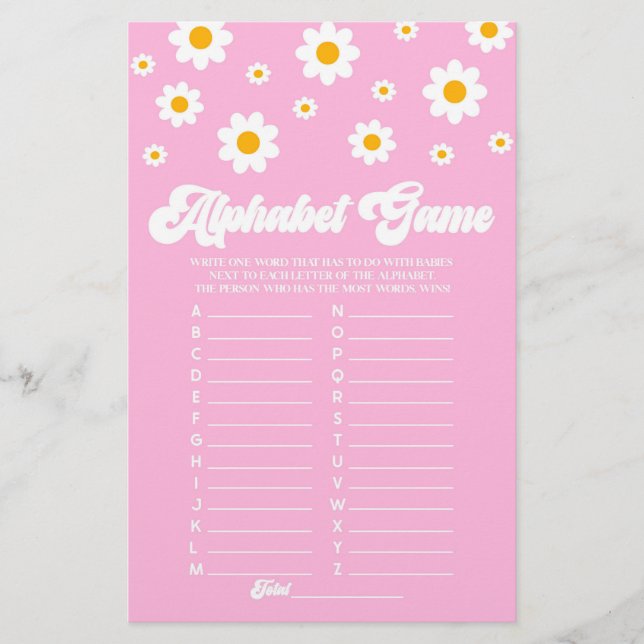 Papelería Juego de Baby Shower rosado retro diaisy Alphabet (Anverso)