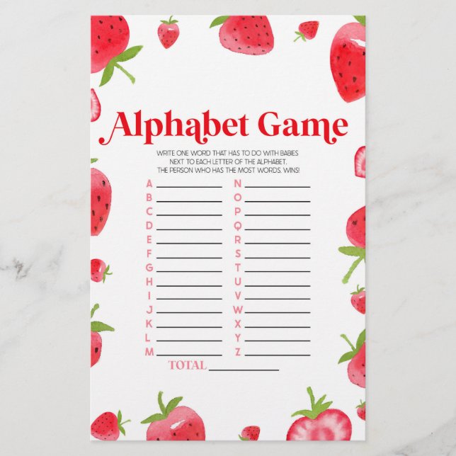 Papelería Juego de Baby Shower Strawberry Berry Alphabet (Anverso)