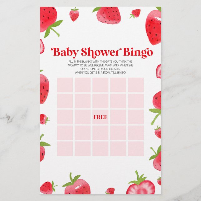 Papelería Juego de Baby Shower Strawberry Berry Bingo (Anverso)