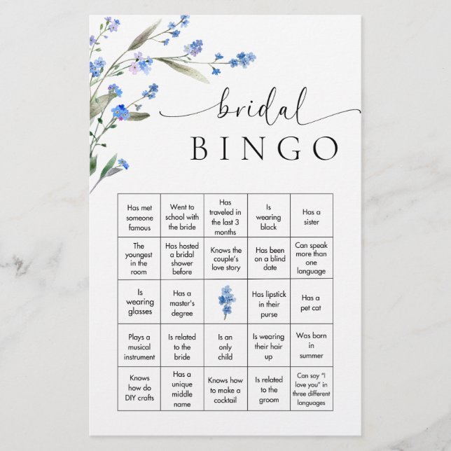 Papelería Juego de bingo Blue Floral Bridal Shower (Anverso)