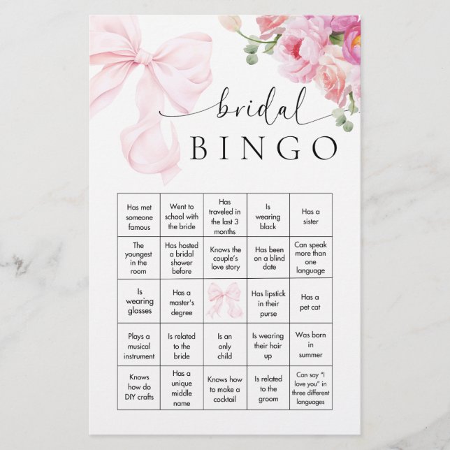 Papelería Juego de bingo Floral Bow Bridal Shower (Anverso)