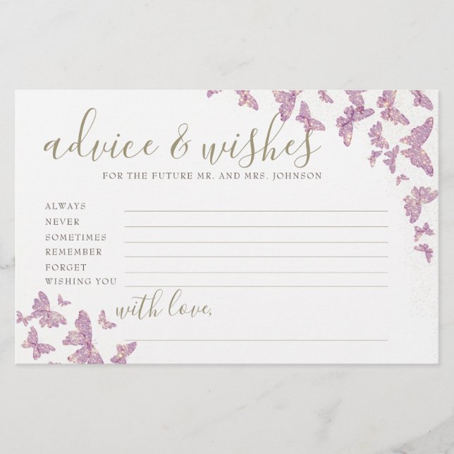 Papelería Juego de consejos de mariposa morada Sr. Bridal Sh (Anverso)