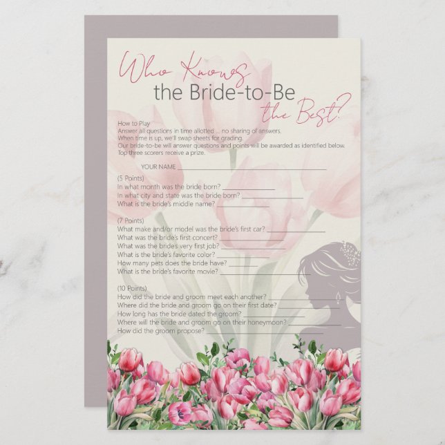 Papelería Juego de ducha de novias Tulipanes rosados que mej (Anverso / Reverso)