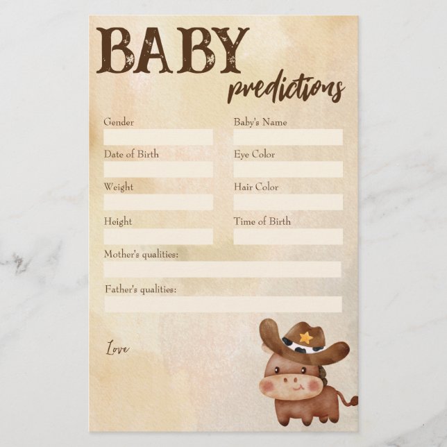 Papelería Juego de predicción de la ducha de bebé vaquero pe (Anverso)